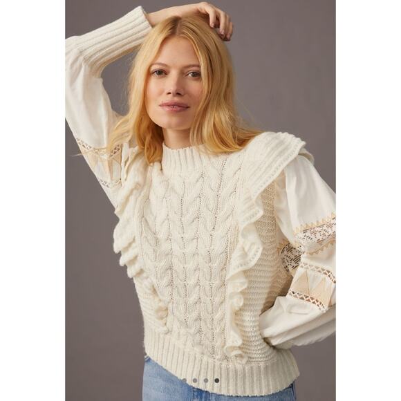 By Anthropologie Mixed Cable Knit Ruffle Sweater Petite - Picture 2 of 9